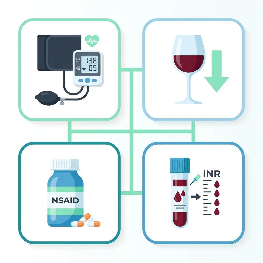 Illustration of modifiable bleeding-risk factors: blood pressure control, INR stability, medication review, alcohol reduction