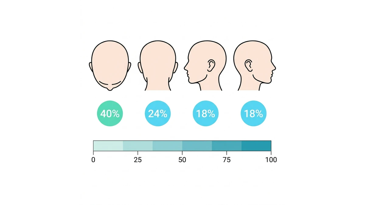 The four scalp quadrants with the surface-area weight of each: top 40%, back 24%, left 18%, right 18%.