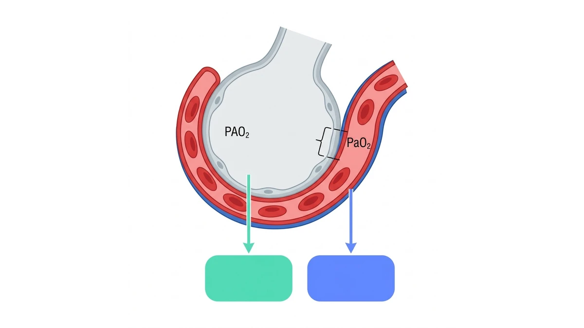 Diagram of an alveolus and its capillary showing alveolar PAO₂, arterial PaO₂ and the gap between them, which is the A-a gradient.